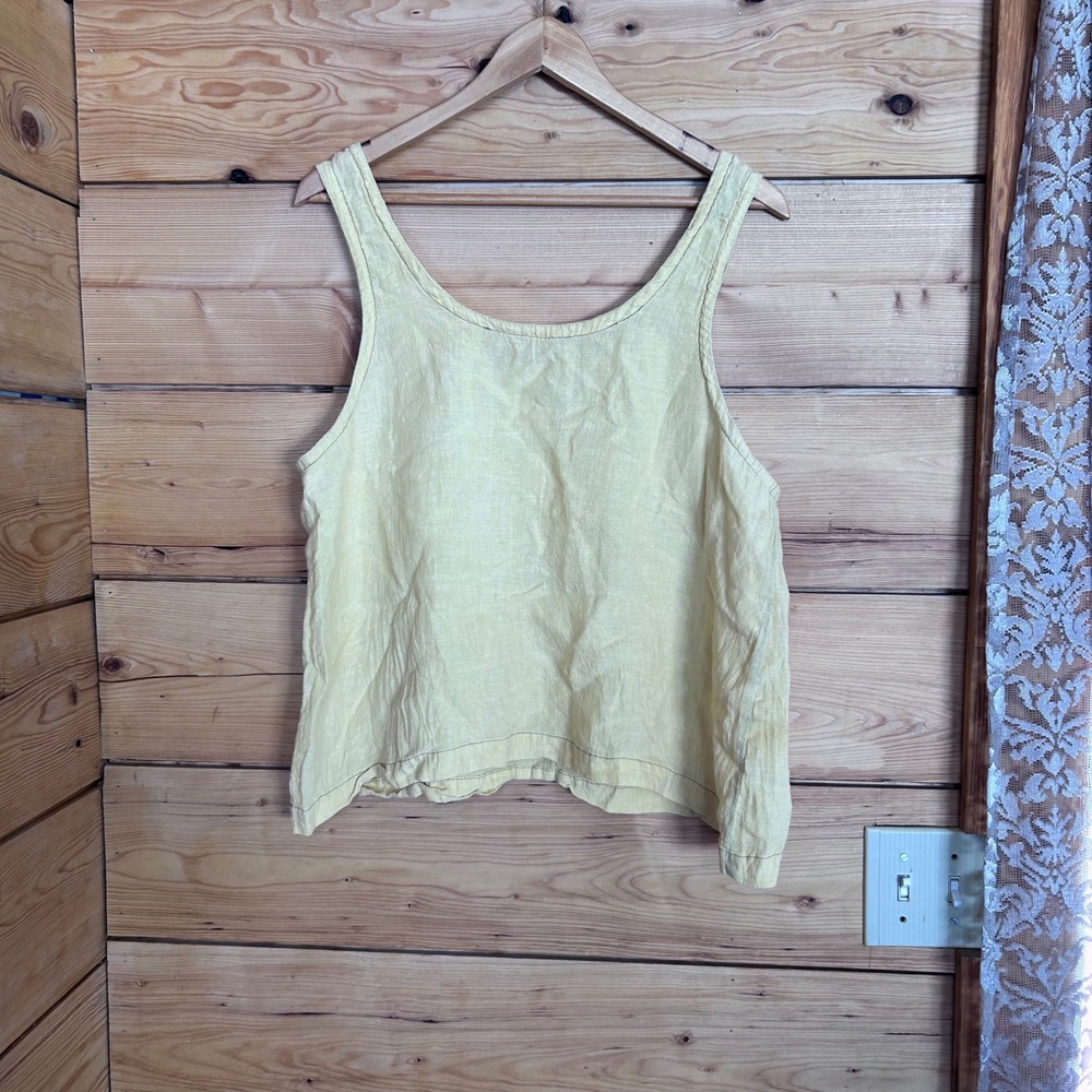 Linen Tank Top Women XL Yellow Pastel Cropped Scoop Neck Handmade Moss Grey